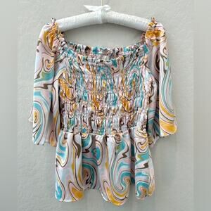 CHENAULT | Y2K Swirl Print Smocked Peplum Top | Size Large